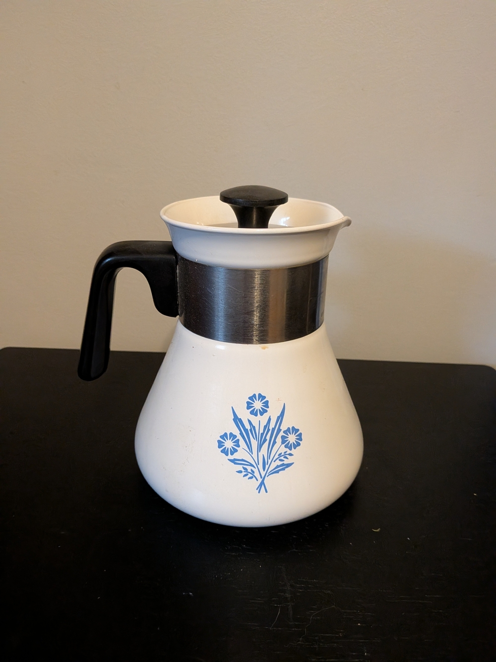 Corningware White Ceramic Coffee Pot with Blue Cornflower Floral Design